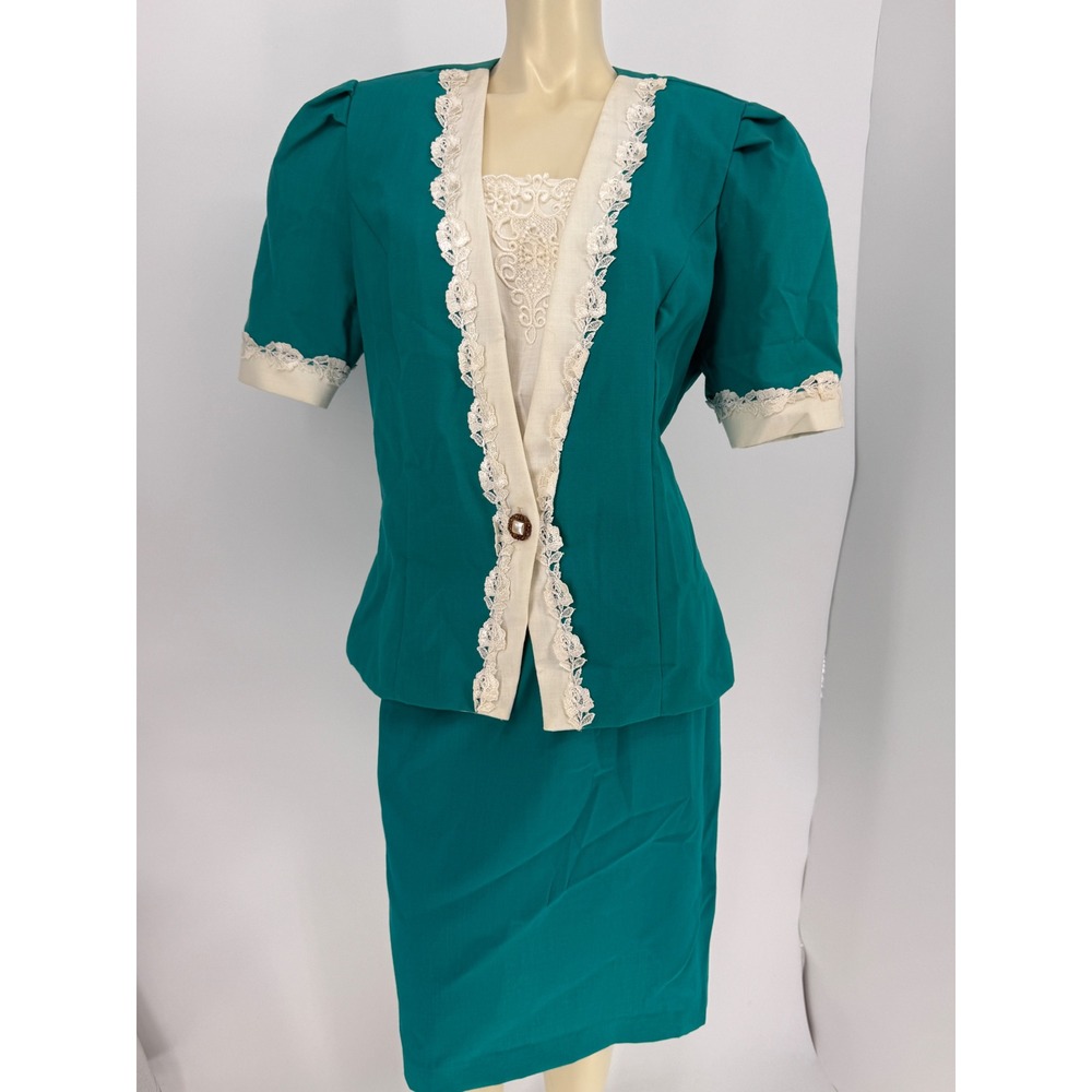 Vintage 1980s Teal Lace Trim Peplum Skirt Suit Power Shoulders USA Women's 16